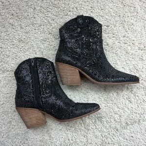 Matisse Harlow Rhinestone Pointed Toe Cowboy Booties Boots Womens 6 Black Bling